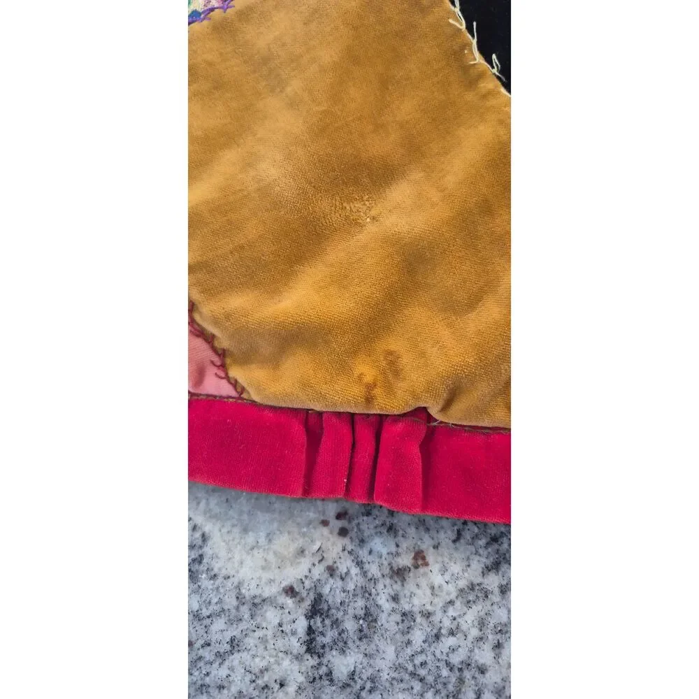 Vintage 1970s Handmade Velvet Crazy Quilt and Matching Pillow Set, Boho Eclectic